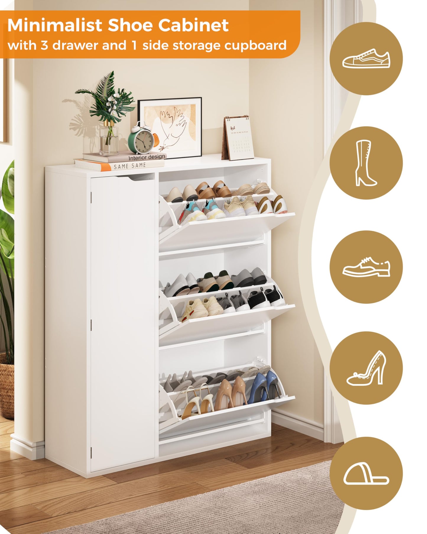 IRONCK Shoe Storage Cabinet Cupboard, 3 Flip Drawers, Shoe Rack Cabinet Hallway with Boot Cabinet, Free Standing Wooden Shoe Storage Organiser Unit