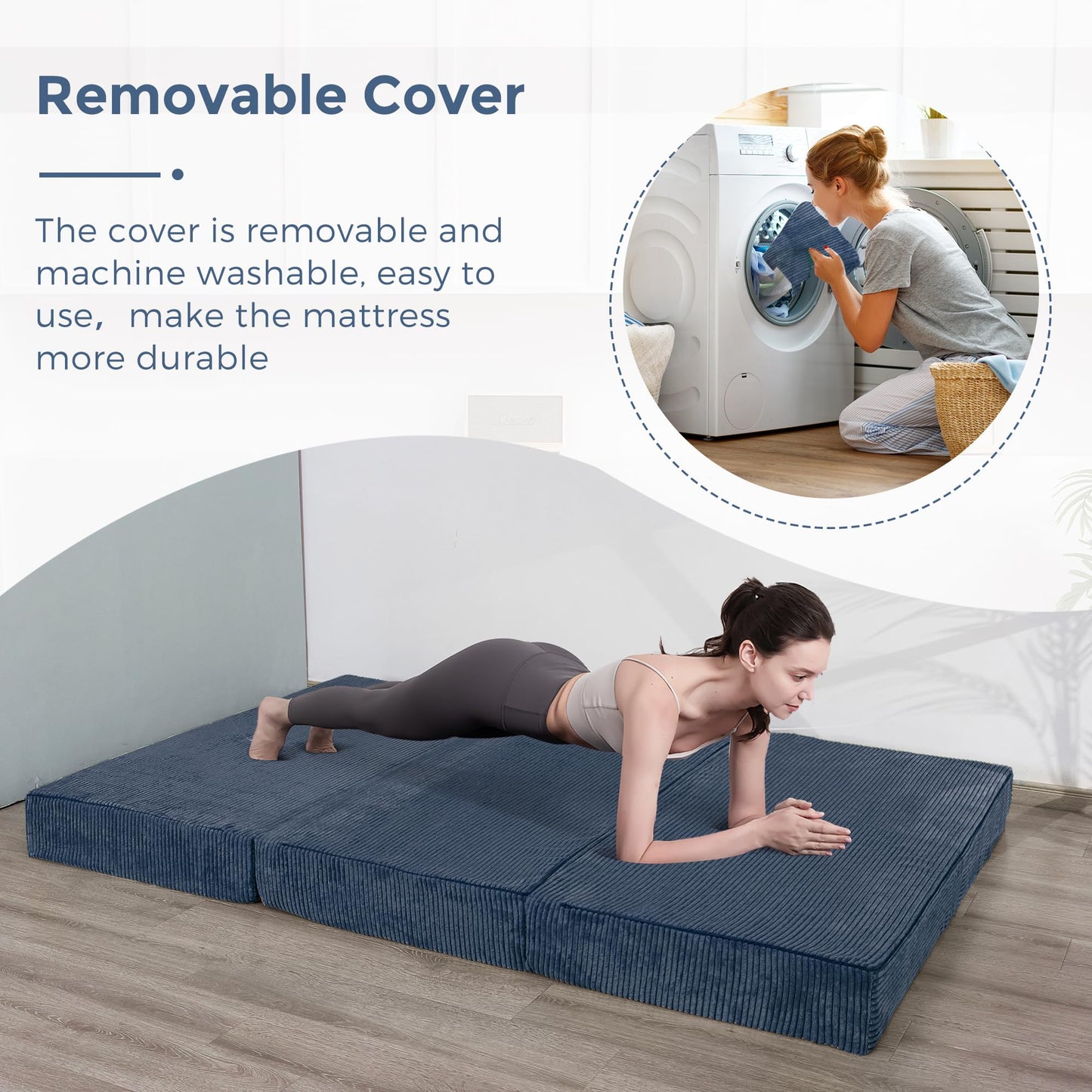 MAXYOYO Folding Corduroy Mattress, Tri Fold Floor Mattress 10cm thick with Washable Cover,Foldable in Three,Space-Saving for Guest (Bluestone, Single)
