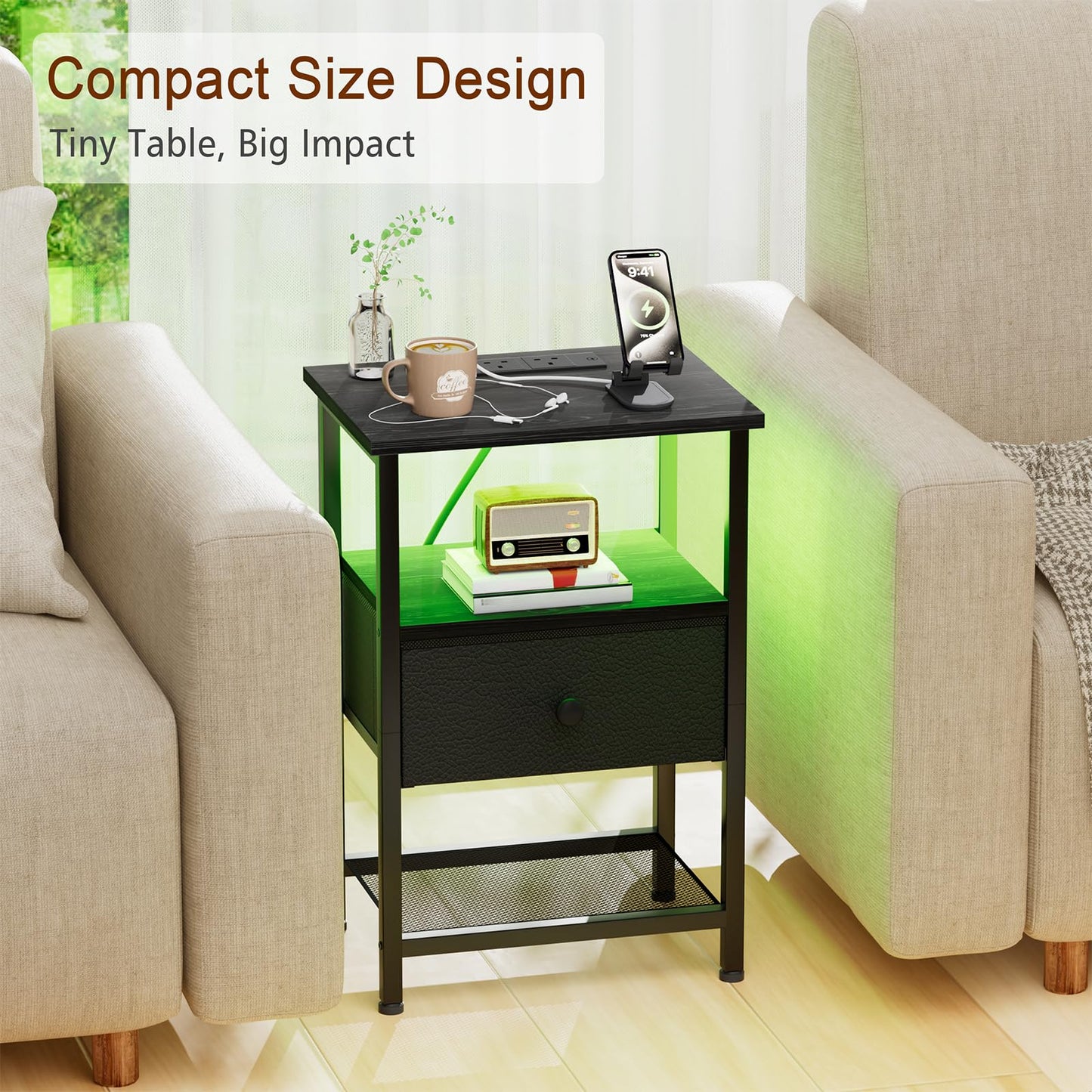 LOAKEKEL Bedside Table, Side Table with Charging Station, Bed Side Table