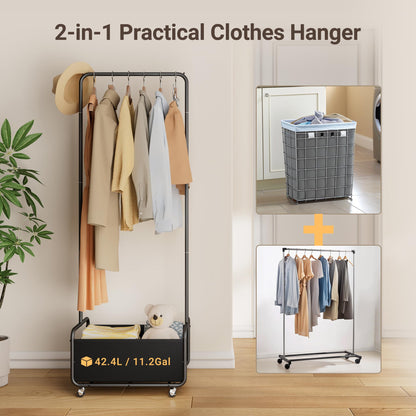 Dunatou Clothing Rack with Basket, Standard Rod Clothing Garment Rack, Rolling Clothes Organizer on Wheels for Hanging Clothes (Small, Black)