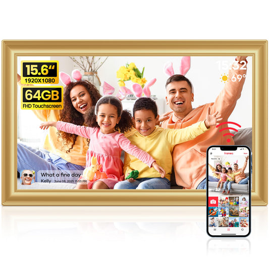 64GB Frameo WiFi Digital Photo Frame 15.6 Inch Golden - 1920 * 1080P FHD IPS Touch Screen Picture Frame Electronic, 64GB Memory, Auto Rotate, Wall