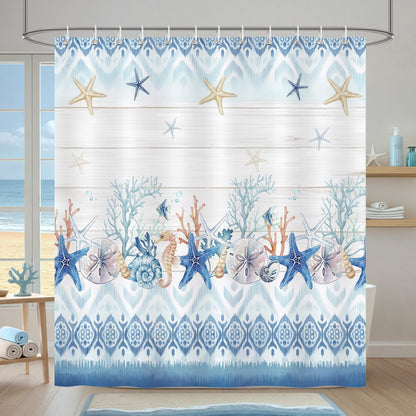 COZZSNUGE Coastal Shower Curtain, Beach Themed Starfish Coral Seashell Fish Blue Ocean Bathroom Curtain 180 x 180 cm