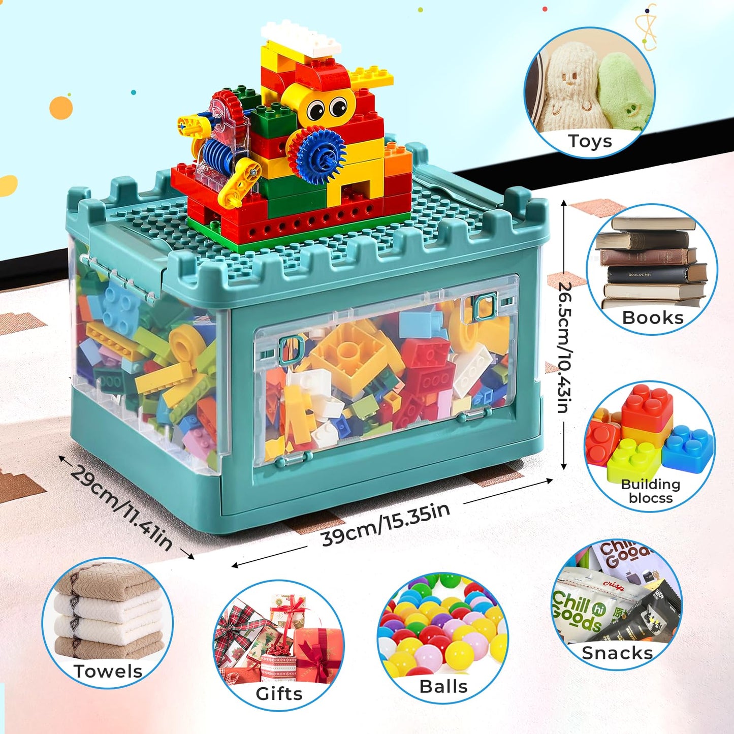alouweekukky Kids Plastic Folding Storage Box with Lid, Double Opening with Pulleys, Suitable for Kids