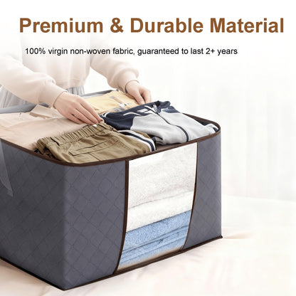 BARGAIN FACTORY 6 Pack Storage Bags, 90L Large Capacity Under Bed Grey Fabric Boxes with Lid, Heavy Duty Zip, Clear Window, Reinforced Handles