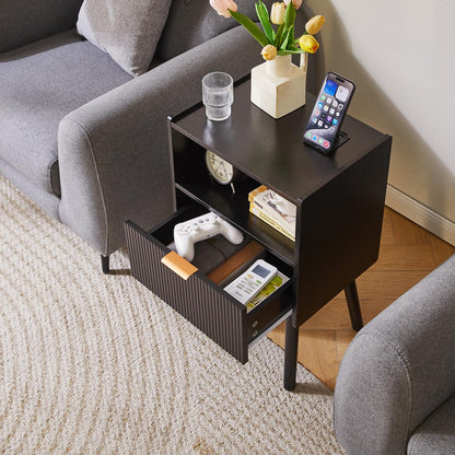 Aibiju Modern Nightstand with Drawer, Bedside Tables, Mid Century Nightstands with Open Storage Shelf, Wood Leg Bedside Table