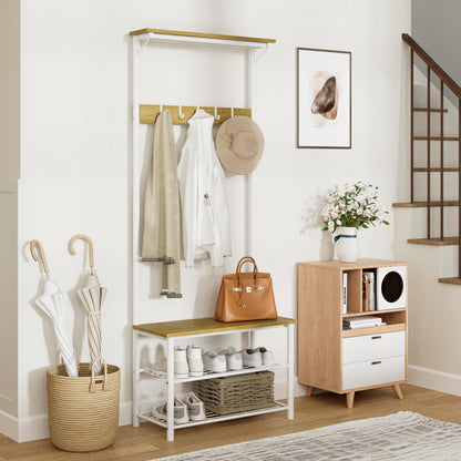 HEYZOEY Coat Stand, Coat Rack with Shoe Storage, 3-in-1 Freestanding Wooden Coat Rack with Shoe Bench and Rack, 3-Tier Shelf and 4 Removable Hooks