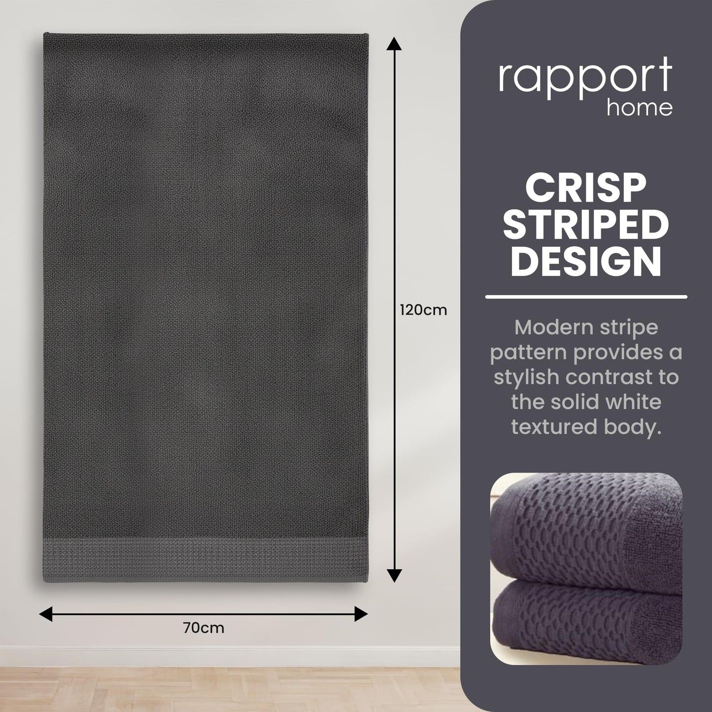 Rapport HomeEden Weave Bath Towels 2-Pack | Steel Grey, 70x120cm | 100% Cotton 500gsm | Oeko-Tex Made in Green & BCI Certified