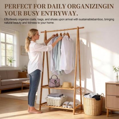 Finnhomy Bamboo Clothes Rack Portable Extra Large Garment Rack 2-Tire Storage Box Shelves for Entryway and Bed Room