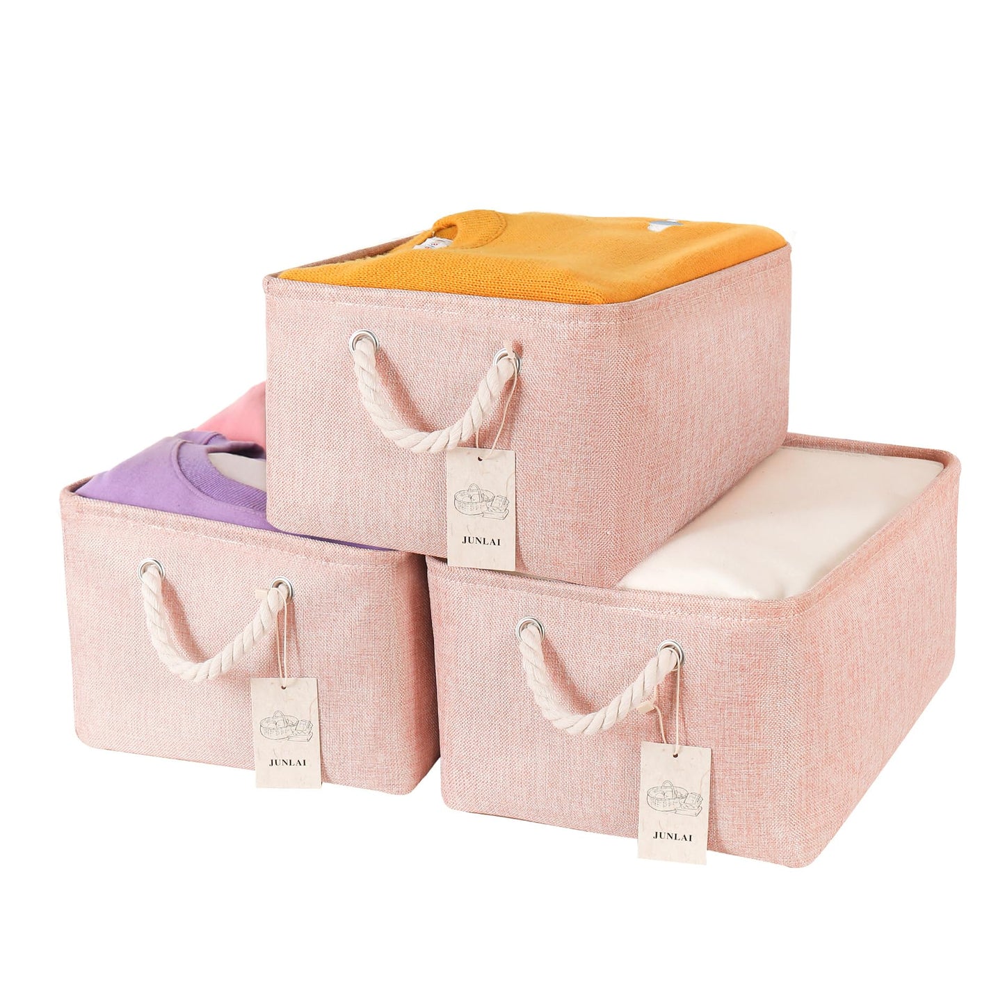JUNLAI 3 Pcs Storage Baskets with Handles, Foldable Small Pink Storage Boxes, Fabric Wardrobe Storage Basket for Office & Home, Book, Clothes