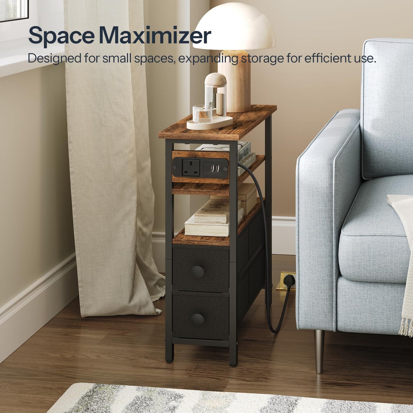 HOOBRO Side Table with Charging Station, Narrow Side Table with 2 Non-Woven Drawers, USB Ports and Power Outlet