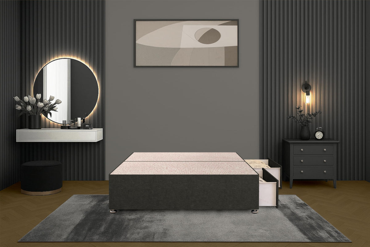 Bed Centre Bliss Grey Linen Divan Base with Optional Drawers and Headboard (4FT6 Double, 2 Drawers Same Side No Headboard)