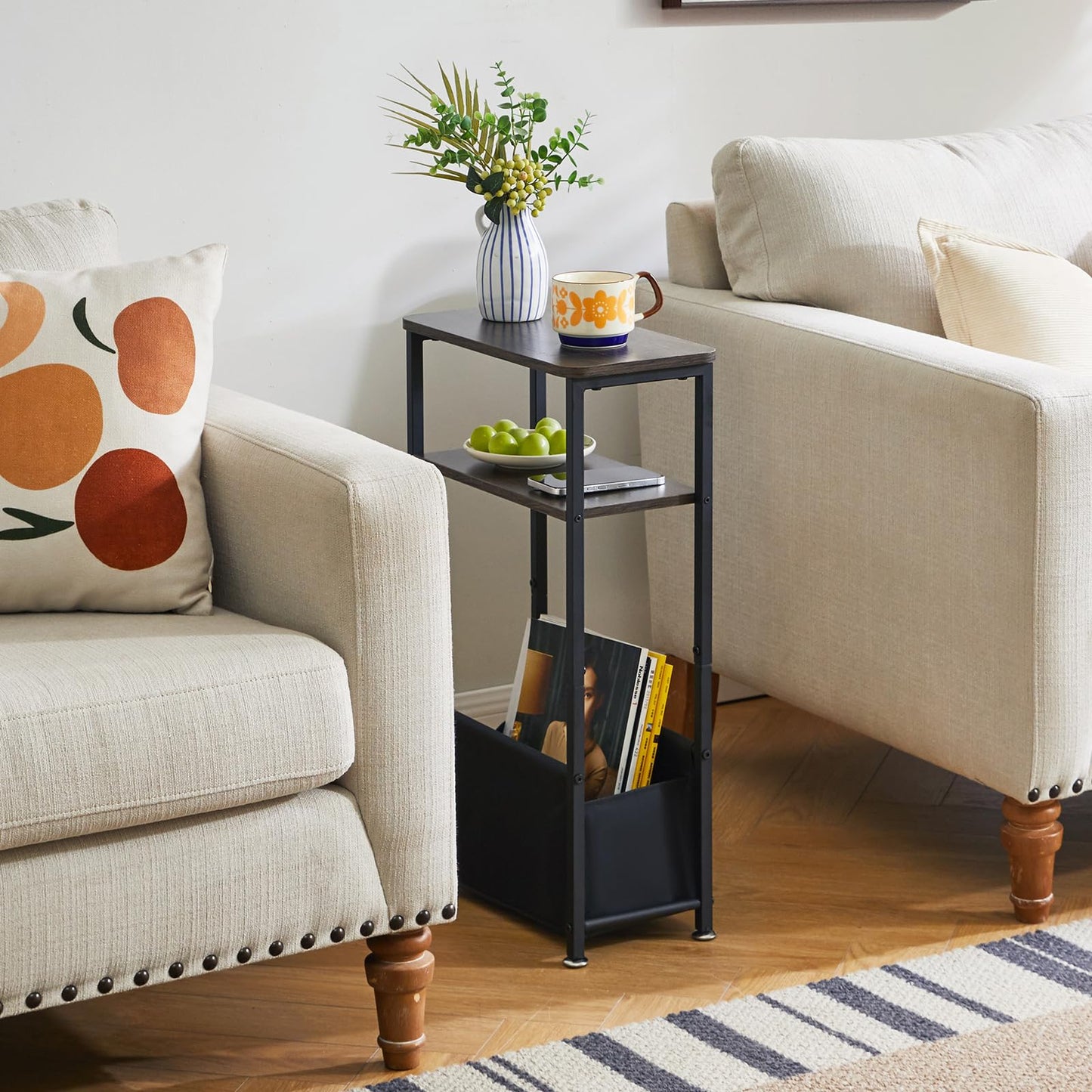 Aibiju Narrow Side Table, 3-Tier Slim End Table with Storage Fabric Basket,40x20x66cm Thin Nightstand Bedside Table for Living Room Bedroom Office