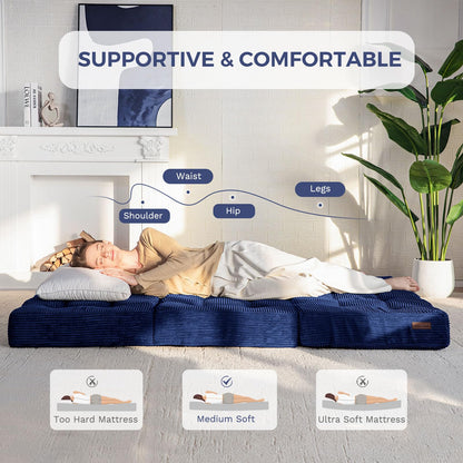 MAXYOYO Folding Mattress, Comfy Corduroy Foldable Mattress with 15cm Thicken Foam, Tri-Fold Floor Futon Sofa Bed for Guest,Dark blue,Small Single