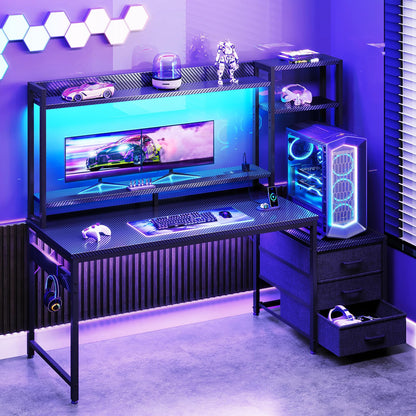Coleshome Gaming Desk with LED Lights & Display Shelves Carbon Fiber Black