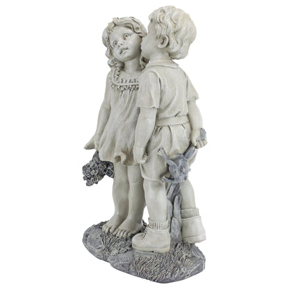 Design Toscano Young Sweethearts Kissing Children Outdoor Garden Statue, Polyresin, Two Tone Stone, 56 cm, 22 Inch
