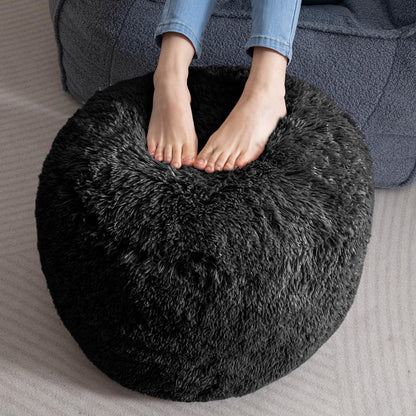 HIGOGOGO Faux Fur Beanbags Round Footstool Bean Bag Pouf with Foam Chunk Filling, 65 x 45 cm Floor Poufs Foot Rest for Living Room, Black