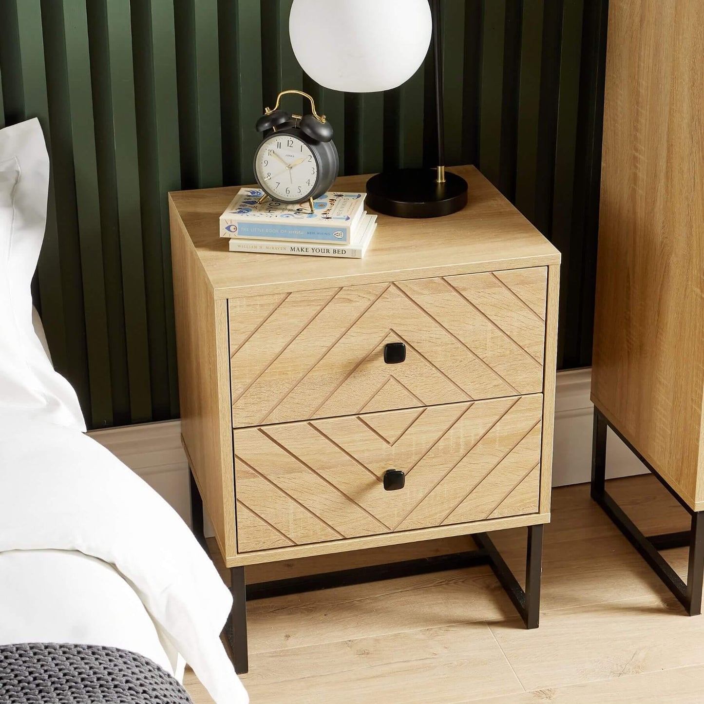Home Source Aztec Bedside Table, 2 Drawer Oak Effect Nightstand