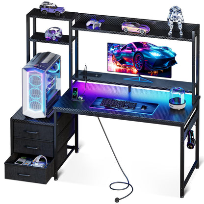 Coleshome Gaming Desk with LED Lights & Display Shelves Carbon Fiber Black