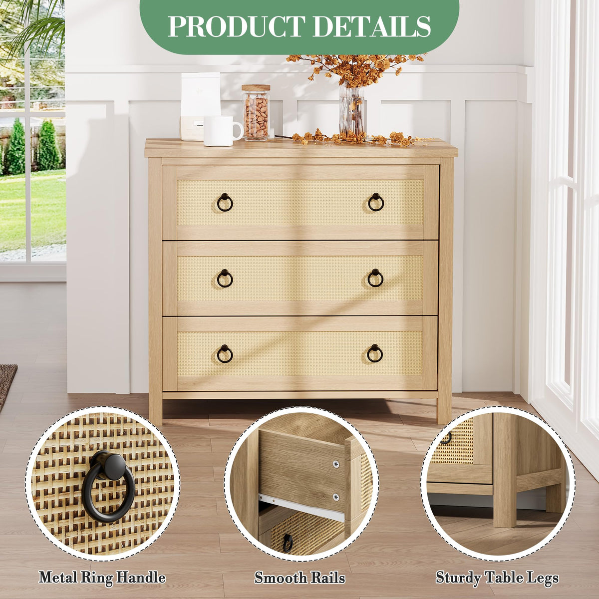Crevyteg Natural Rattan Weave Dresser with Multiple Drawers, Sturdy Engineered Wood Storage Chest for Bedroom Living Room Nursery Hallway Organization