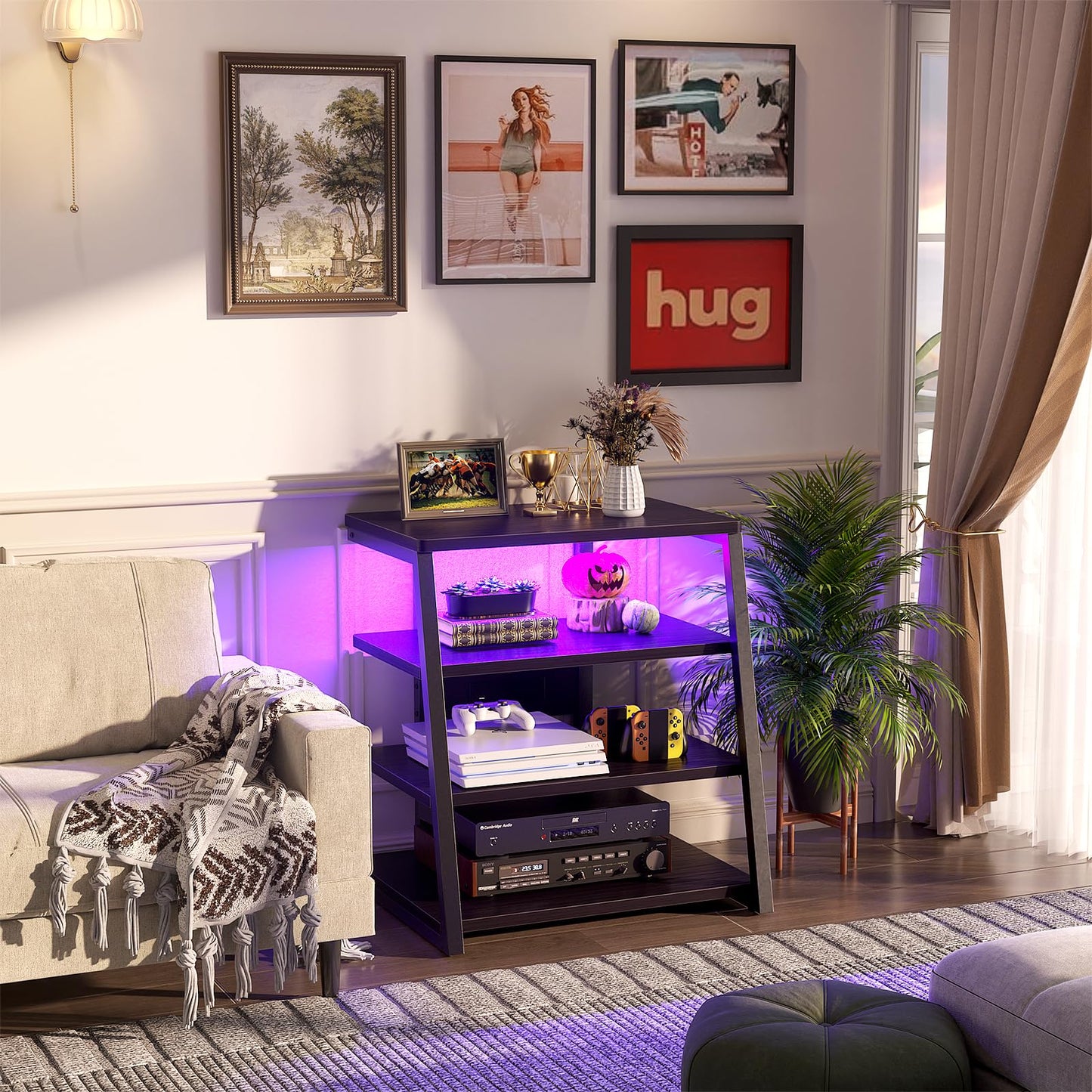 iSunirm HiFi Stand, AV Media Stand with Outlets, 4-Tier Media Console with LED Lights, Record Player Stand With Storage Shelves