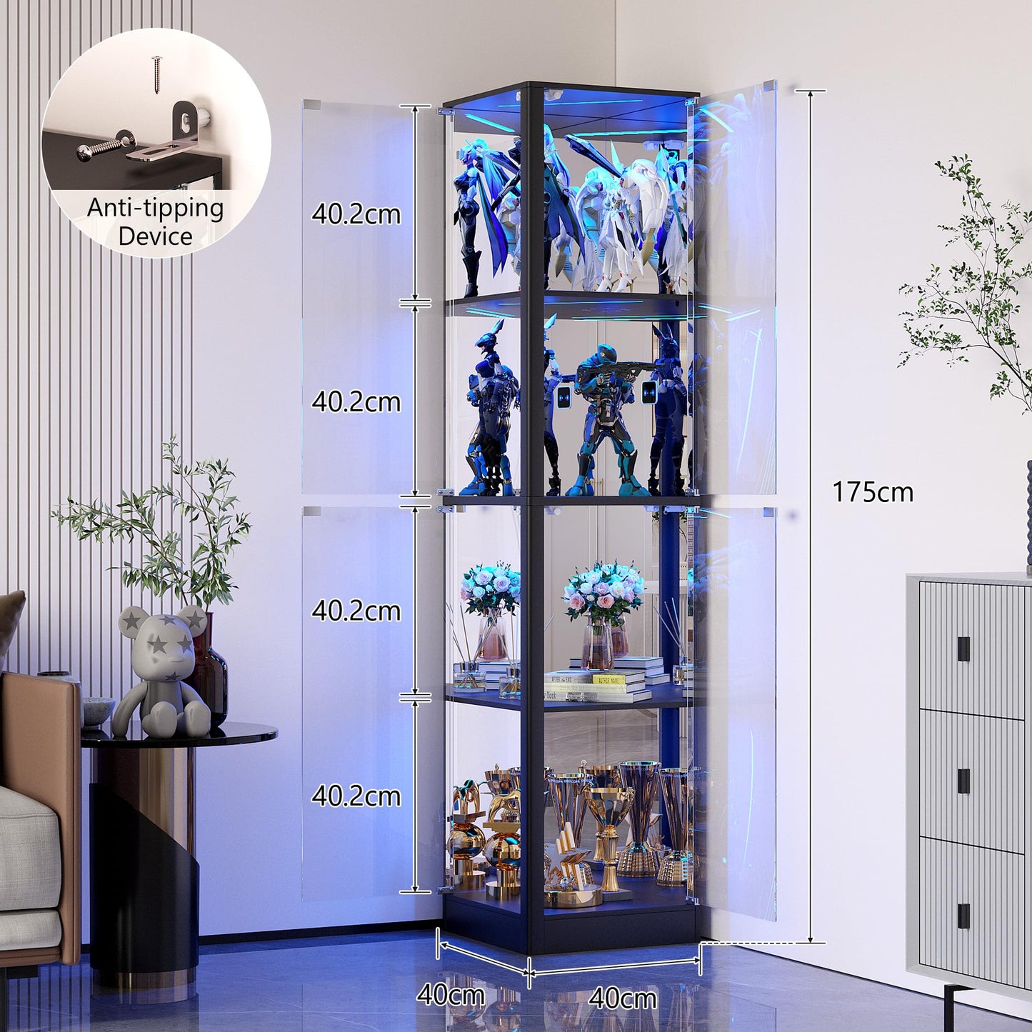 FREDEES Corner Display Cabinet with Glass Doors, 175cm, Black