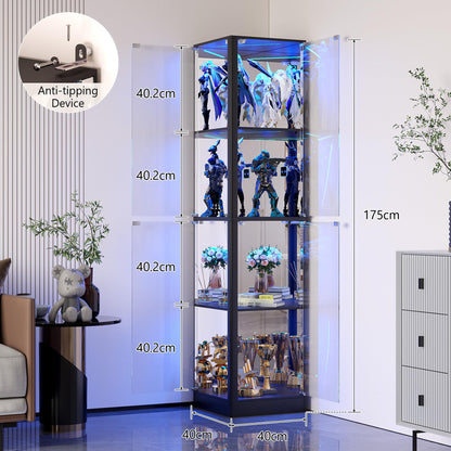 FREDEES Corner Display Cabinet with Glass Doors, 175cm, Black