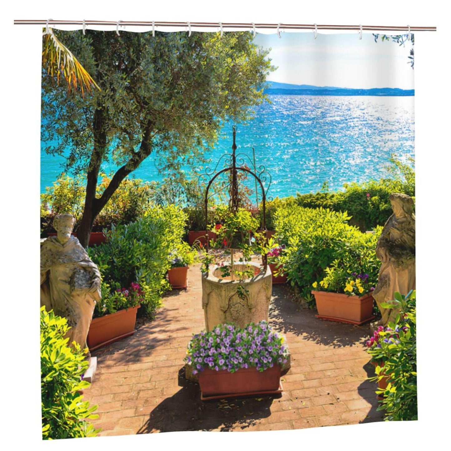 Sunny Seaside Garden Shower Curtain, 3D Beautiful Scenery Garden Decoration, Bathroom Essential Polyester Waterproof Quick-Drying Shower Curtain,