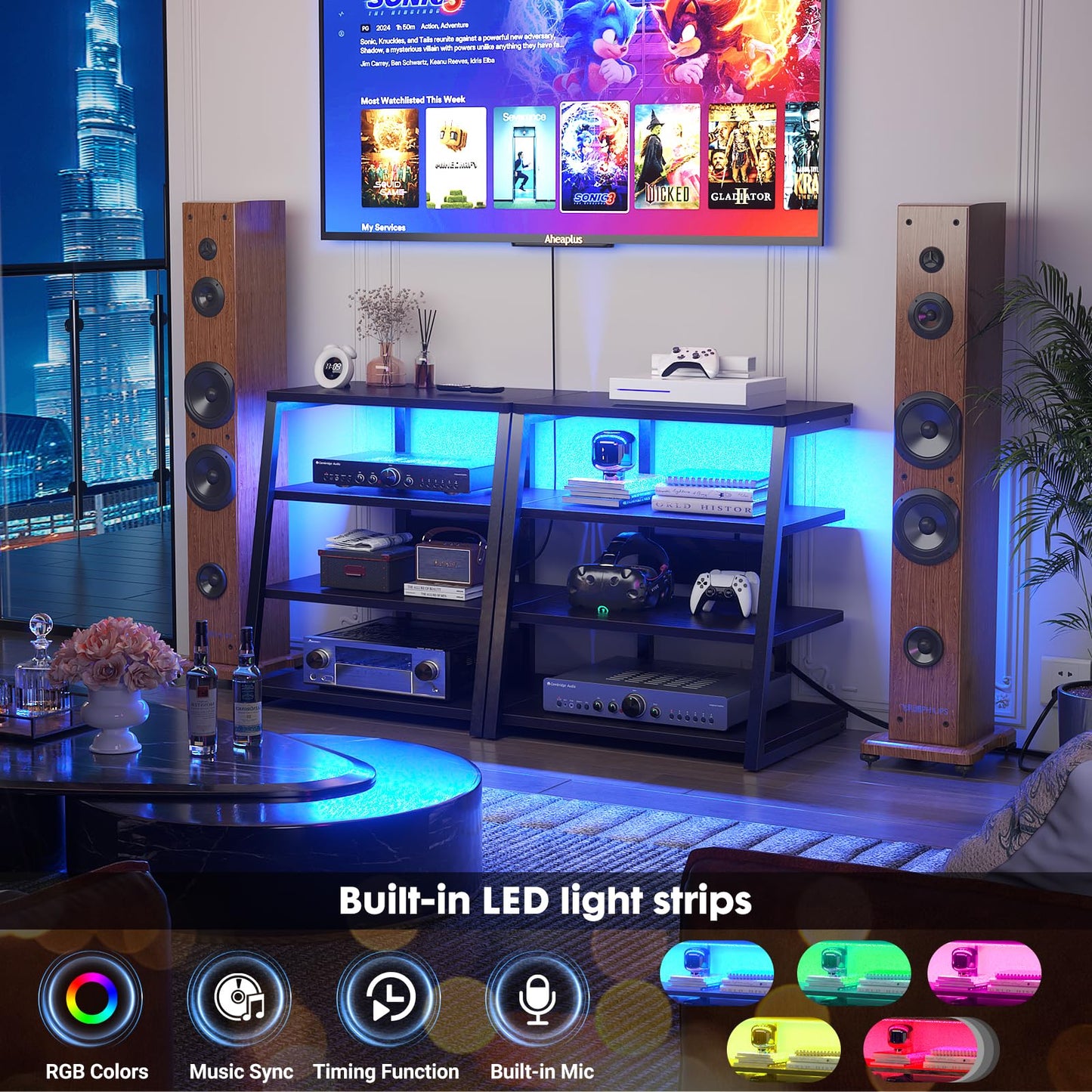 iSunirm HiFi Stand, AV Media Stand with Outlets, 4-Tier Media Console with LED Lights, Record Player Stand With Storage Shelves