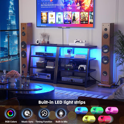 iSunirm HiFi Stand, AV Media Stand with Outlets, 4-Tier Media Console with LED Lights, Record Player Stand With Storage Shelves