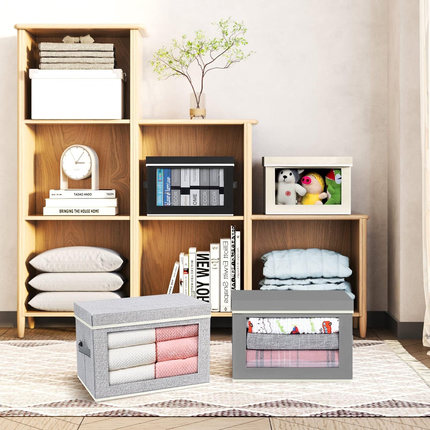 DIMJ 3 Pack Foldable Storage Boxes with Lids - Storage Bins with Clear Window, Fabric Storage Basket with Handle Wardrobe Organiser for Clothes, Toys