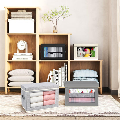 DIMJ 3 Pack Foldable Storage Boxes with Lids - Storage Bins with Clear Window, Fabric Storage Basket with Handle Wardrobe Organiser for Clothes, Toys