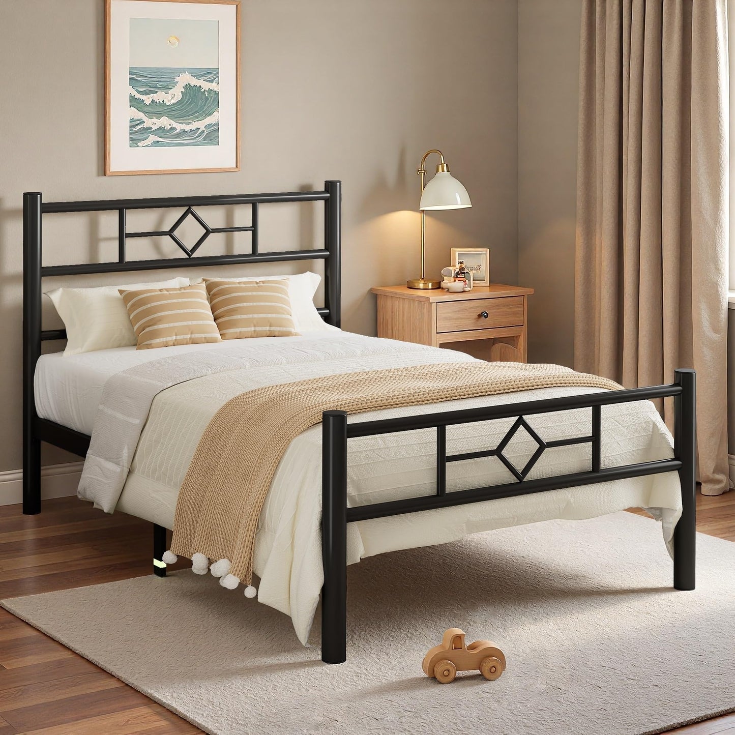 Feonase Single Bed Frame 3ft with Headboard & Footboard, Single Metal Bed Frame with Heavy Duty Metal Slat Support, Ample Under-bed Storage