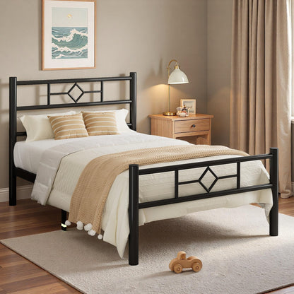 Feonase Single Bed Frame 3ft with Headboard & Footboard, Single Metal Bed Frame with Heavy Duty Metal Slat Support, Ample Under-bed Storage