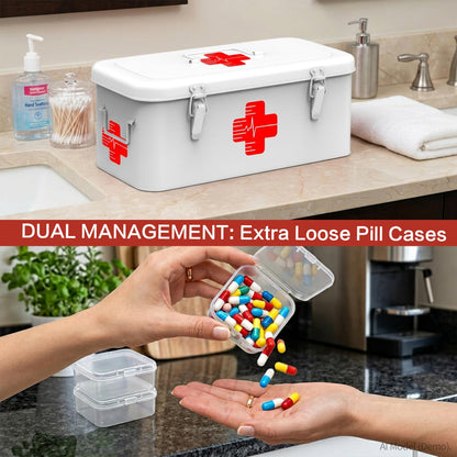 Orionstar First Aid Medicine Box, First Aid Cabinet with Top Handle, Metal Medicine Storage Tin with 3 Portable Medicine Boxes