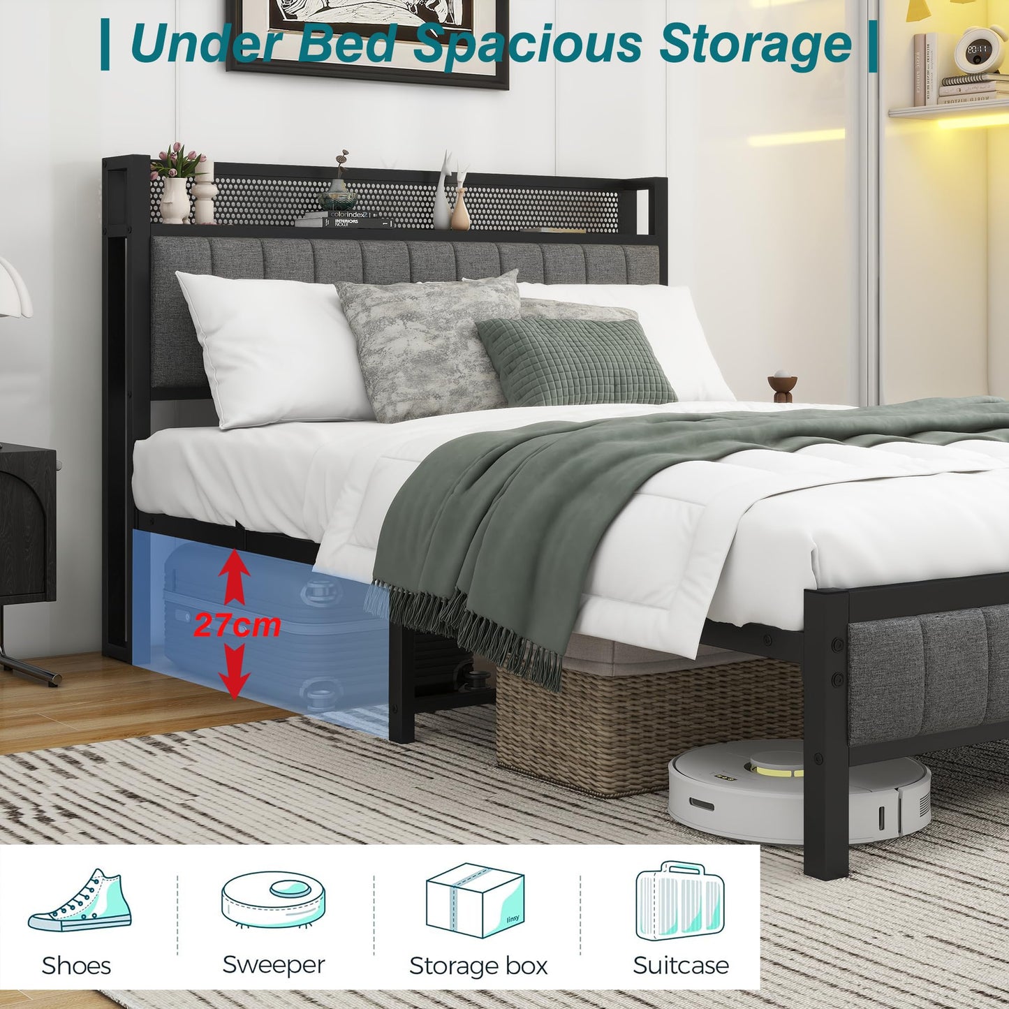 Diahomy 4ft6 Double Bed Frame With Storage Headboard, Dark Grey