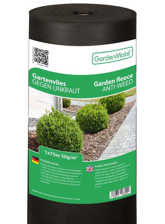 GardenMate 1m x 75m garden fleece 50g/m? - roll of weed fleece - Tear-resistant - High UV stabilisation - Water permable