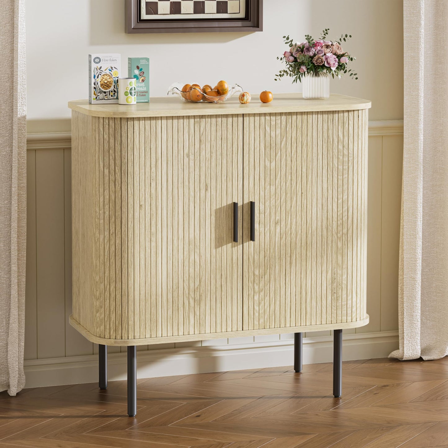 BonVache Sideboard, Buffet Storage Cabinet for Living Room, Kitchen Cupboard with Tambour Sliding Door