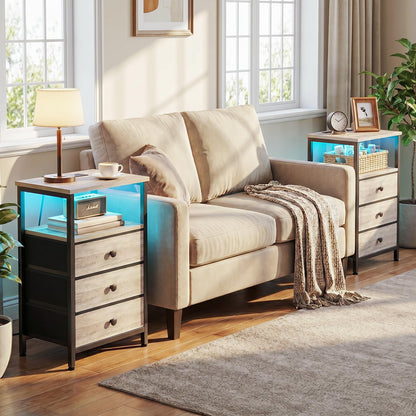 LOAKEKEL Bedside Table with Charging Station, Side Table with 3 Drawers