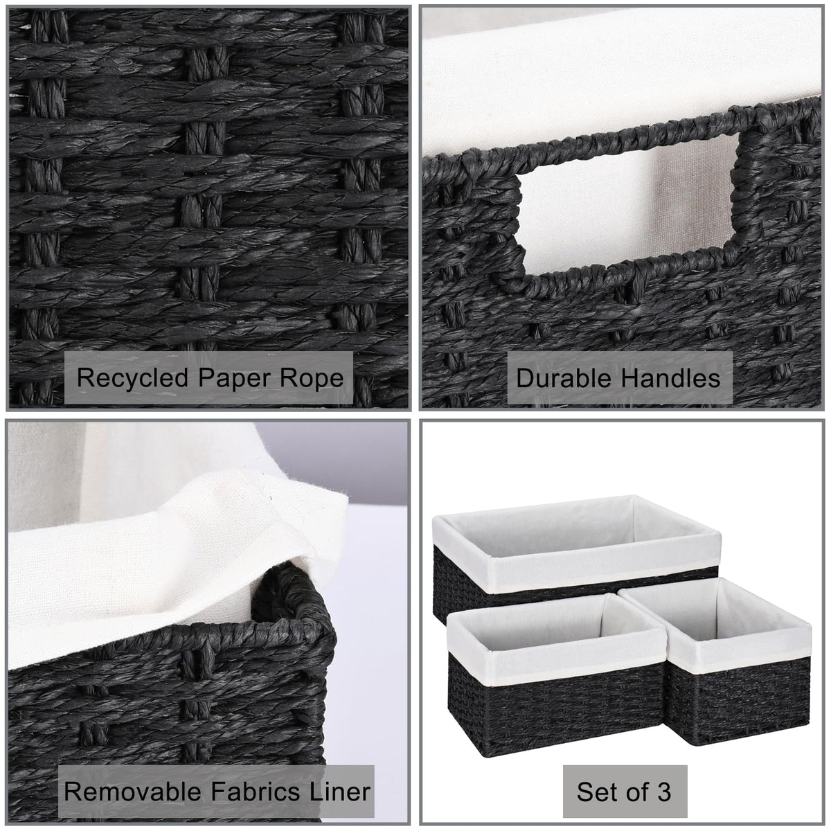 Vagusicc Wicker Storage Basket, Set of 3 Rectangular Storage Gift Hamper Basket with Removable Fabric Lining