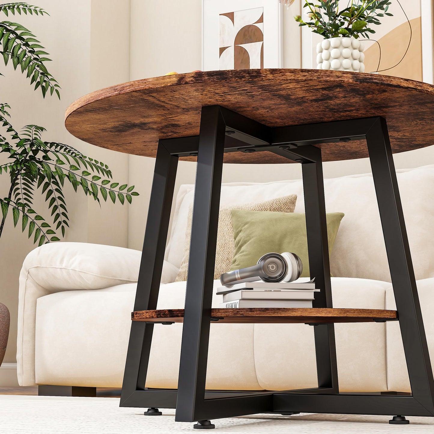 FOUBAM Round Coffee Table with Storage,Metal Small Coffee Table,Brown