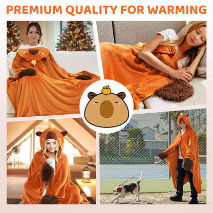 Mewaii Oversized Wearable Blanket Hoodie Kawaii Capybara Hooded Cloak,Soft Plush Flannel Blanket Hoodie,Unisex Cozy Blanket for Kids Women Men,Great