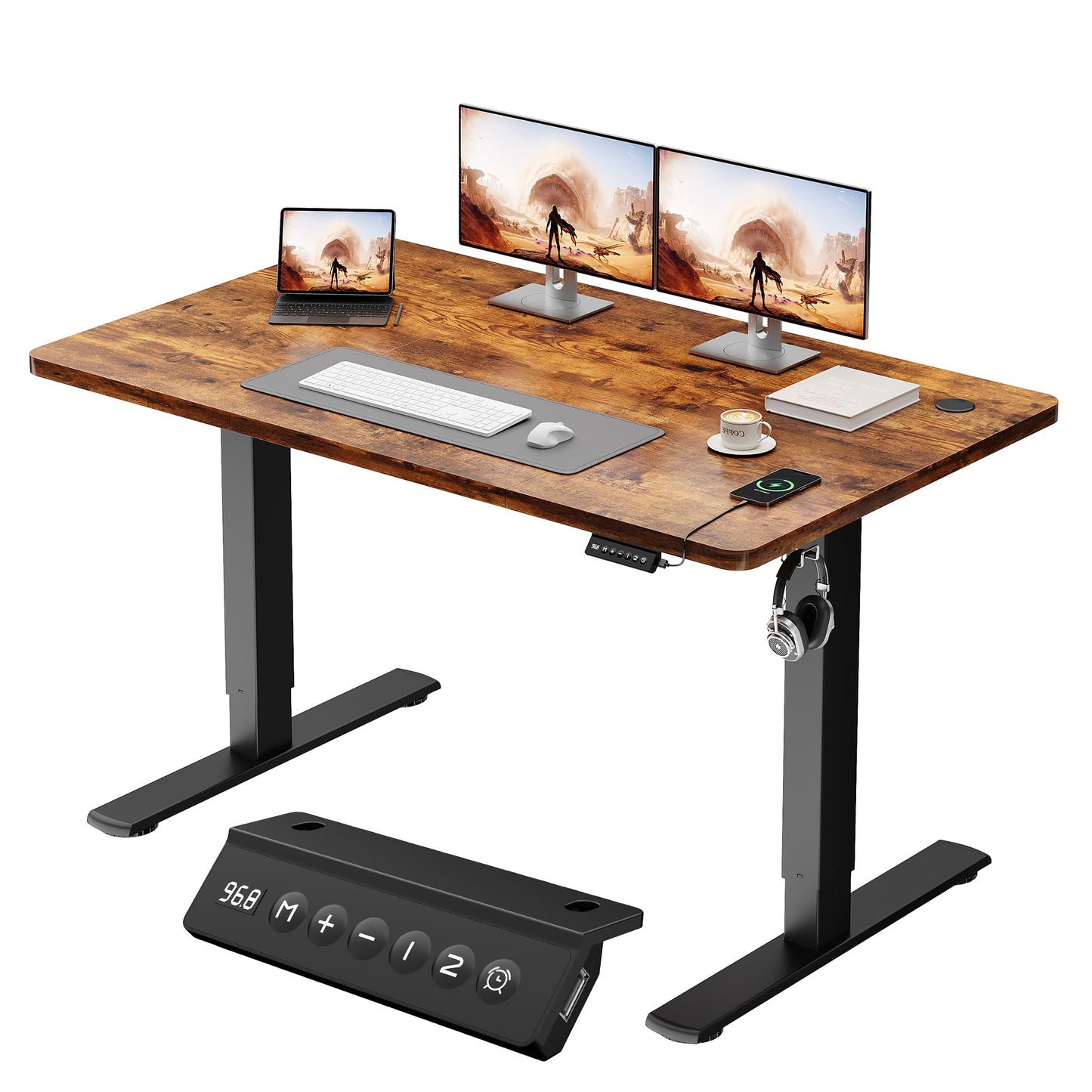 JUMMICO Electric Standing Desk 120x60cm – Height Adjustable with USB Charging, Sedentary Reminder, Memory Heights for Home Office Use, Rustic Brown