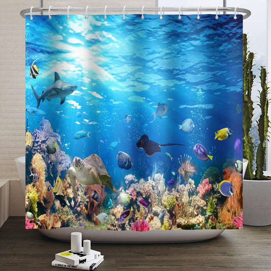 SDOTPMT 105x160cm Under The Sea Shower Curtain Multicolored Coral Reef Fishes Whales Turtles Underwater Animals Theme Bathtub Curtain for Kids
