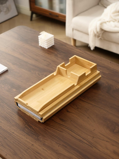 Uwenkjie Natural bamboo sofa armrest tray, three in one pull-out and detachable sofa cup holder, armrest table with anti slip pad