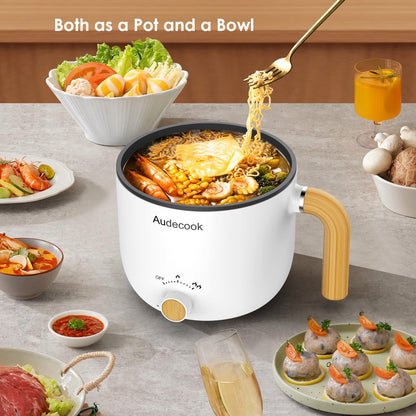 Audecook Electric Hot Pot with Steamer, 1.5L Portable Non-Stick Mini Multifunctional Cooker, Shabu Hot Pot, Electric Skillet with Dual Power Control