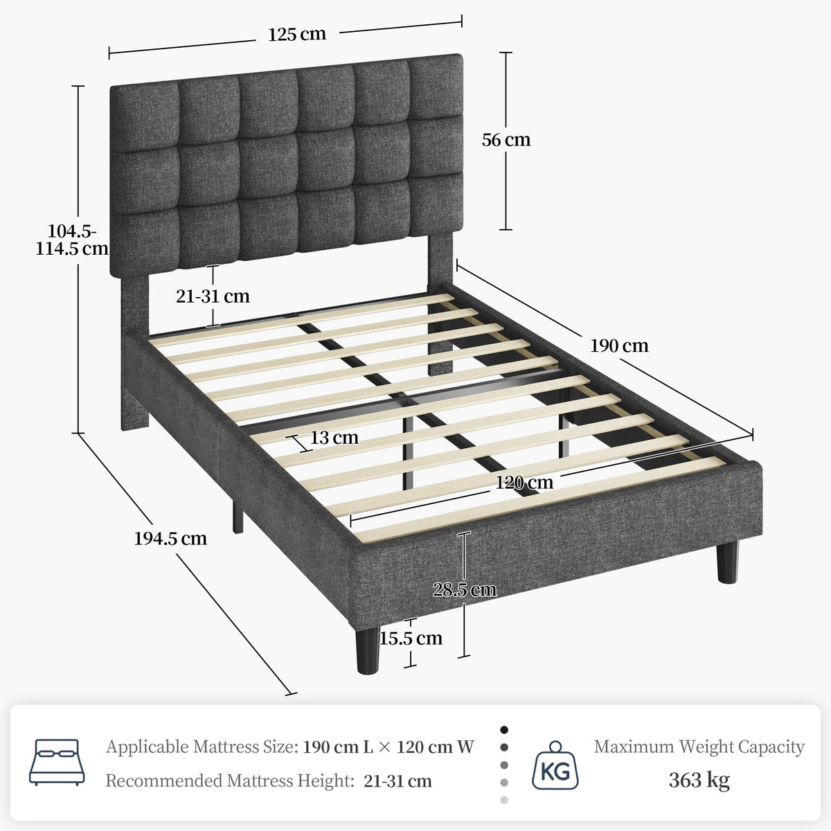 Yaheetech 4ft Small Double Bed Frame, Upholstered Headboard, Dark Gray