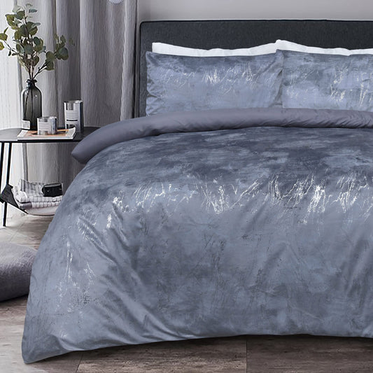Sleepdown Marble Velvet Metallic Grey Plain Reverse Duvet Cover Quilt Pillow Cases Bedding Set Soft Easy Care - Super King (220cm x 260cm)