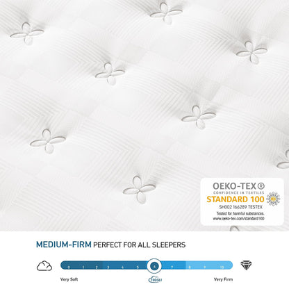 TeQsli 10 Inch King Mattress Hybrid Medium Firm 7 Zone 150x200x25cm