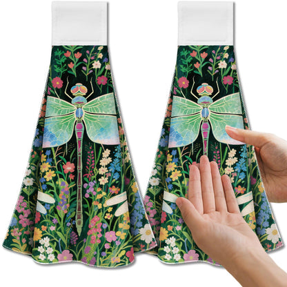 CUTHOLLOW 2 Pcs Dragonfly and Flowers Hanging Kitchen Towels with Loop