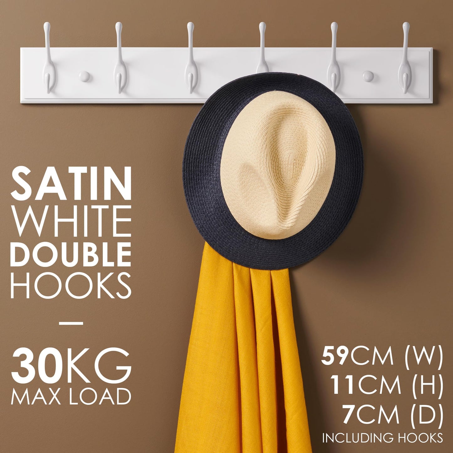 LARHN White Wall-Mounted Coat Rack - 6 White Coat Hooks, 59cm